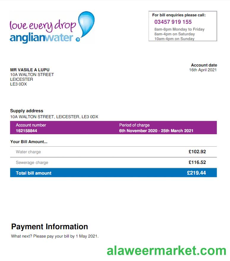 USA ANGLIAN WATER utility bill Word and PDF template